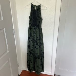 Flowy floral green and black maxi with lace detail